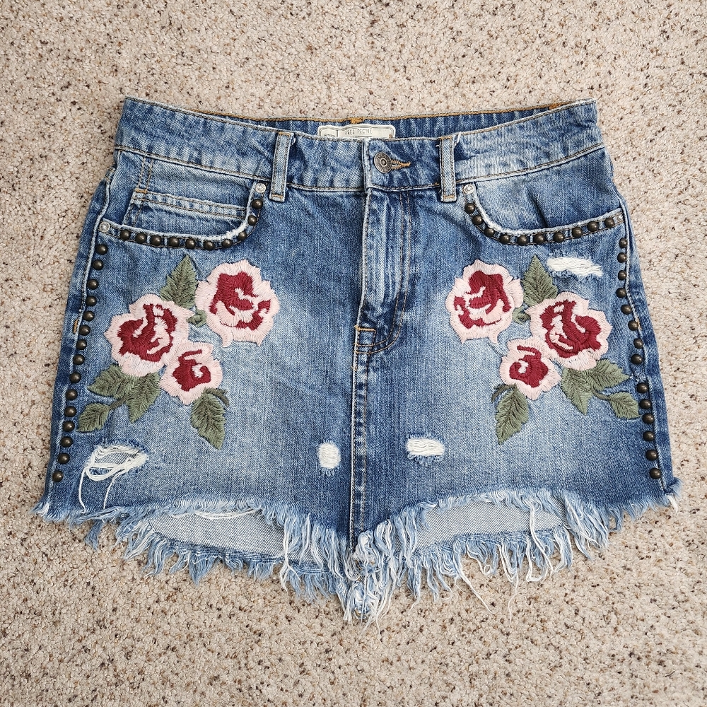 Free People Rose Embroidered Mini Denim Skirt